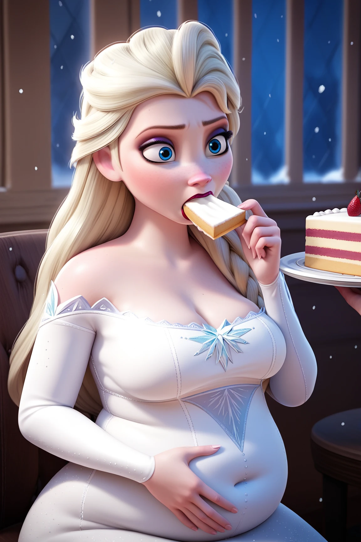 score_9, score_8_up, score_7_up, score_6_up, score_5_up, score_4_up, BREAK
1girl, Tall elsa \(frozen\), Tall Height, Prominent Neck, got chubby, blonde hair, hair over shoulder, long hair, blue eyes, long nose,
makeup, white tight dress, surprised, focused eyes, red lips, looking at stomach, eating a cake, POV,
hand on belly, straight nose, snowing, sit on the chair, close up, Arendelle streets background  