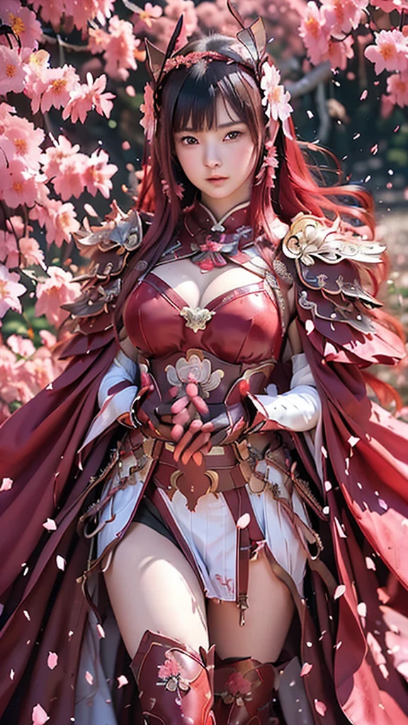 A sexy female character wearing red armor as a warrior from the Warring States period、((realistic))、((Medium long hair))、((Cherry red hair))、((toned body))、(glistening skin)、 tight body、((mega breasts 1.8))、 plump breasts 、 plump thighs 、 The red armor with the Satsuki flower pattern engraved on it is bikini type and is designed to accentuate chest exposure、( Wearing a cape with azalea flower pattern)、garter skirt、White shin guards engraved with azalea flowers、Red high-cut underwear、Red tights、 absolute domain、((from below))、((dutch angle))、Dramatic lighting、Brilliant Hill 、Big Asahi 、((Azalea flowers in full bloom are blooming in the background))、((Large azalea flowers in full bloom are blooming on the front))、 cinema-like scene 、((Background Japanese Satuki azalea)) 、((foreground Japanese Satuki azalea))、 Max Image、 Ultra High Definition、8k、masterpiece、crisp quality、