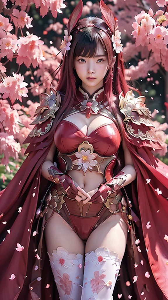 A sexy female character wearing red armor as a warrior from the Warring States period、((realistic))、((Medium long hair))、((Cherry red hair))、((toned body))、(glistening skin)、 tight body、((mega breasts 1.8))、 plump breasts 、 plump thighs 、 The red armor with the Satsuki flower pattern engraved on it is bikini type and is designed to accentuate chest exposure、( Wearing a cape with azalea flower pattern)、garter skirt、White shin guards engraved with azalea flowers、Red high-cut underwear、Red tights、 absolute domain、((from below))、((dutch angle))、Dramatic lighting、Brilliant Hill 、Big Asahi 、((Azalea flowers in full bloom are blooming in the background))、((Large azalea flowers in full bloom are blooming on the front))、 cinema-like scene 、((Background Japanese Satuki azalea)) 、((foreground Japanese Satuki azalea))、 Max Image、 Ultra High Definition、8k、masterpiece、crisp quality、