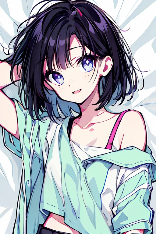 masterpiece,best quality,ultra detailed,supper fine illustration,hires,official art, Woman with short black hair and long, long eyes wearing glasses, full body,  cheerleader, hot, cute, Freckles, many Freckles, Freckles on face, ,  ager,  lying on bed ,  orgasm,  Head On Pillow ,  lies in bed, sleep,  Light Blue Eyes, Almost naked,  nudes, American  girl, 紫と白の cheerleaderブラ,  Purple Miniskirt , Small Top,  Big Breasts ,   girl,  Hands Spread Over Her Head ,  pale skin,  small,  is short,  curvy body, cute face, Young Face, young  teenager,  teenagcute smile,e White Legs , Bend one leg, 