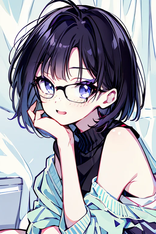 masterpiece,best quality,ultra detailed,supper fine illustration,hires,official art, Woman with short black hair and long, long eyes wearing glasses, full body,  cheerleader, hot, cute, Freckles, many Freckles, Freckles on face, ,  teenager,  lying on bed ,  orgasm,  Head On Pillow ,  lies in bed, sleep,  Light Blue Eyes, Almost naked,  nudes, American  girl, 紫と白の cheerleaderブラ,  Purple Miniskirt , Small Top,  Big Breasts , *************  girl,  Hands Spread Over Her Head ,  pale skin,  small,  is short,  curvy body, cute face, Young Face, young  teenager,  teenager, cute smile, Pale White Legs , Bend one leg, 