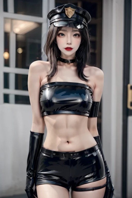 A beautiful Asian girl, long flowing black hair, wearing a black latex croptop, black shorts, black elbow gloves, and black thigh-high boots, holding a police hat , intricate details, highly realistic, cinematic lighting, photorealistic, 8k, masterpiece