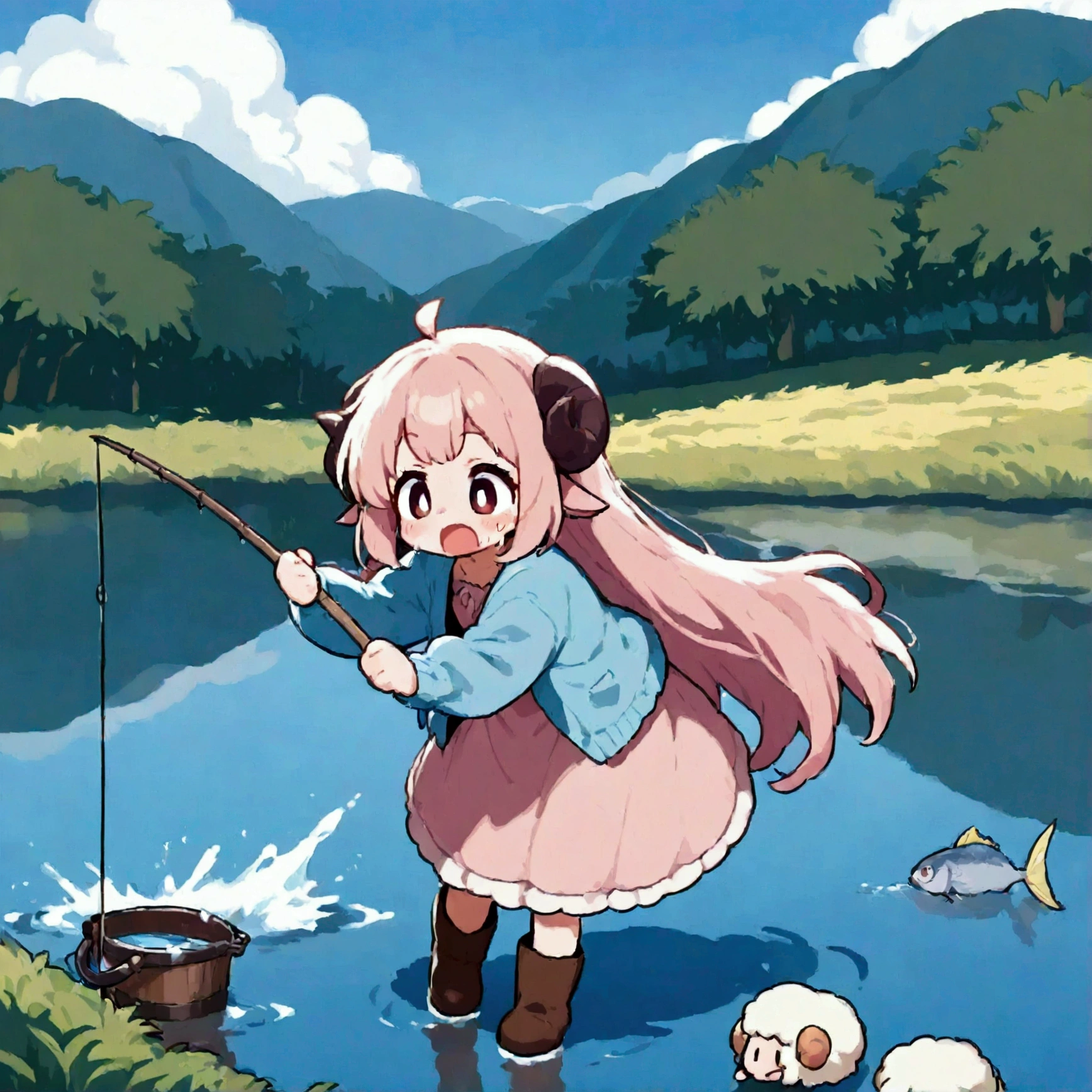 score_9, score_8_up, score_7_up, source_anime, (masterpiece:1.3, best quality:1.3, 8k,  highres icon:1.3, good anatomy), 1girl,  pink fluffy long hair holding a water jug\ Fluffy Long Hair, Sheep&#39;s round horns, Thick eyebrows, Surprise, sweat,  Pink Dress ,  sky blue cardigan ,  brown boots , fishing, giant fish:1.5, lake, cute