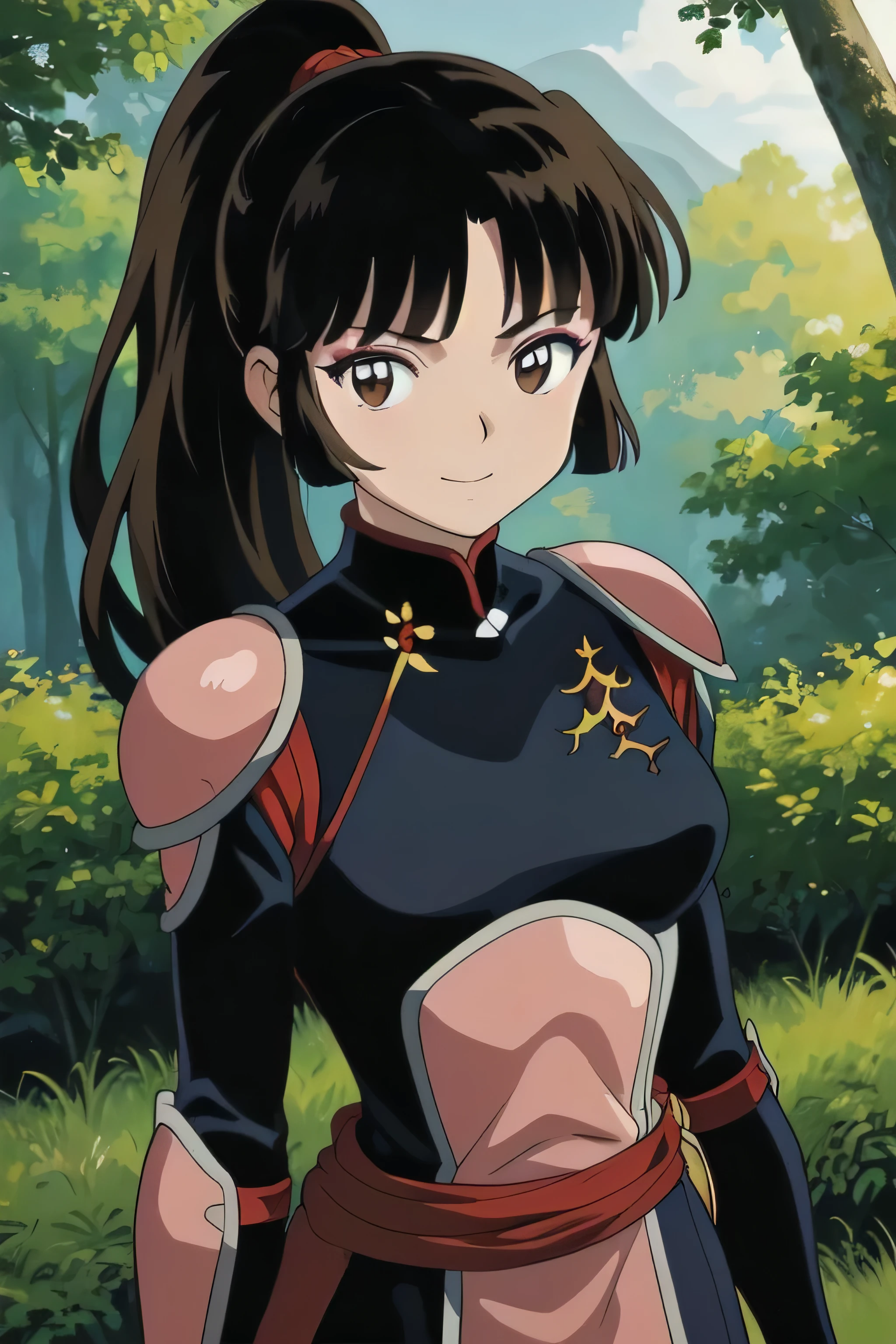  top quality,   Masterpiece  ,  Portraits,Blood, Kizukiai,  brown hair ,  Brown Eyes ,  high ponytail,  long hair,  medium chest ,   Bodysuit ,  Shoulder Armor, armor, (looking at viewer:1.3),  outdoors, forest, smile
