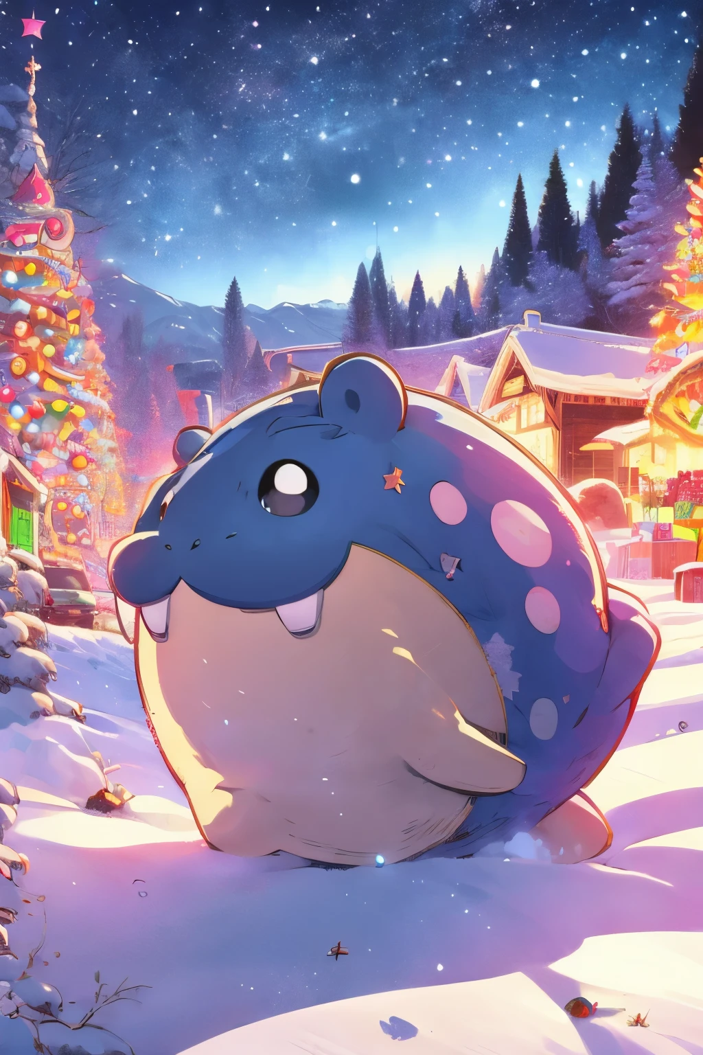  white christmas,  Big Christmas Tree , a Spheal and a girl,  Cute girl in a skirt in a fur coat looking up at the tree,  Night Illuminations, Depiction of light,  top quality,  high definition ,  anime style, Snowy Townscape ,  Flying Sleigh with Santa Claus pulled by reindeer ,  Pokémon, Pokémon and girls depicted on each