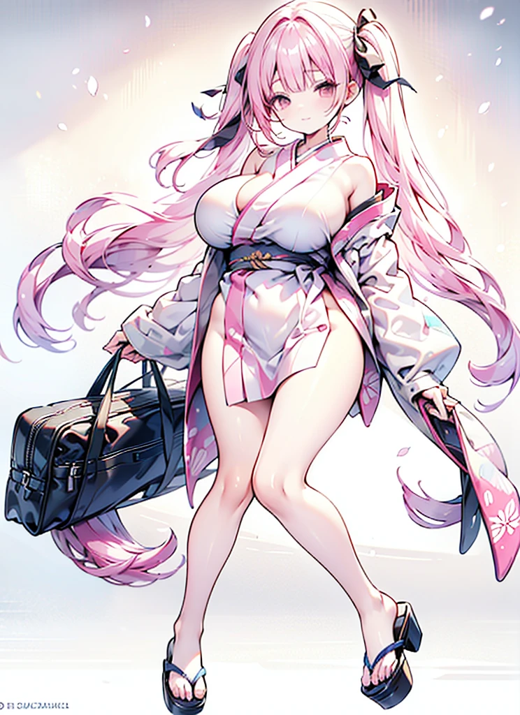   pink kimono　pink hair side hair long　 high heels　student bag
Shoulder bag　 plump thighs 　Around town　outside　
 Big Breasts , ribbon,  high definition , accurate,  High Definition Model,  High Details ,  High Quality ,  textured skin,  Ultra High Definition,  retina,   kimono
And  