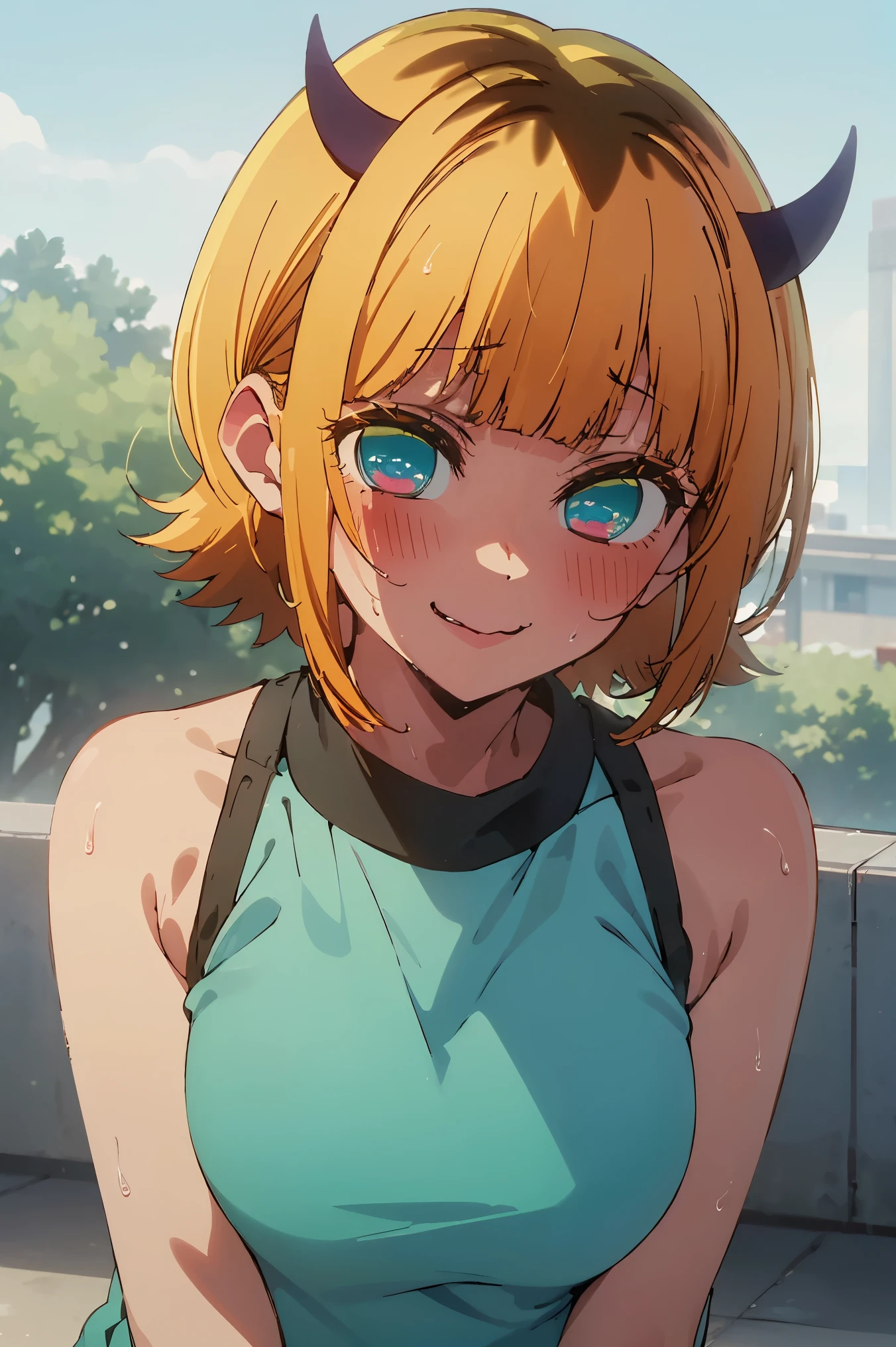 NSFW,masterpiece, top quality, high definition , very detailed ,Memucho, short haired 、 blonde hair 、 multicolor hair 、Aqua Eye、 dull bangs、horn, workout clothes, spats,blush,smile,Heavy breathing,sweat, wet body, is transparent