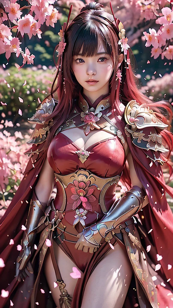 A sexy female character wearing red armor as a warrior from the Warring States period、((realistic))、((Medium long hair))、((Cherry red hair))、((toned body))、(glistening skin)、 tight body、((mega breasts 1.8))、 plump breasts 、 plump thighs 、 The red armor with the Satsuki flower pattern engraved on it is bikini type and is designed to accentuate chest exposure、( Wearing a cape with azalea flower pattern)、garter skirt、White shin guards engraved with azalea flowers、Red high-cut underwear、Red tights、 absolute domain、((upper body))、Dramatic lighting、Brilliant Hill 、Big Asahi 、((Azalea flowers in full bloom are blooming in the background))、((Large azalea flowers in full bloom are blooming on the front))、 cinema-like scene 、((Background Japanese Satuki azalea)) 、((foreground Japanese Satuki azalea))、 Max Image、 Ultra High Definition、8k、masterpiece、crisp quality、