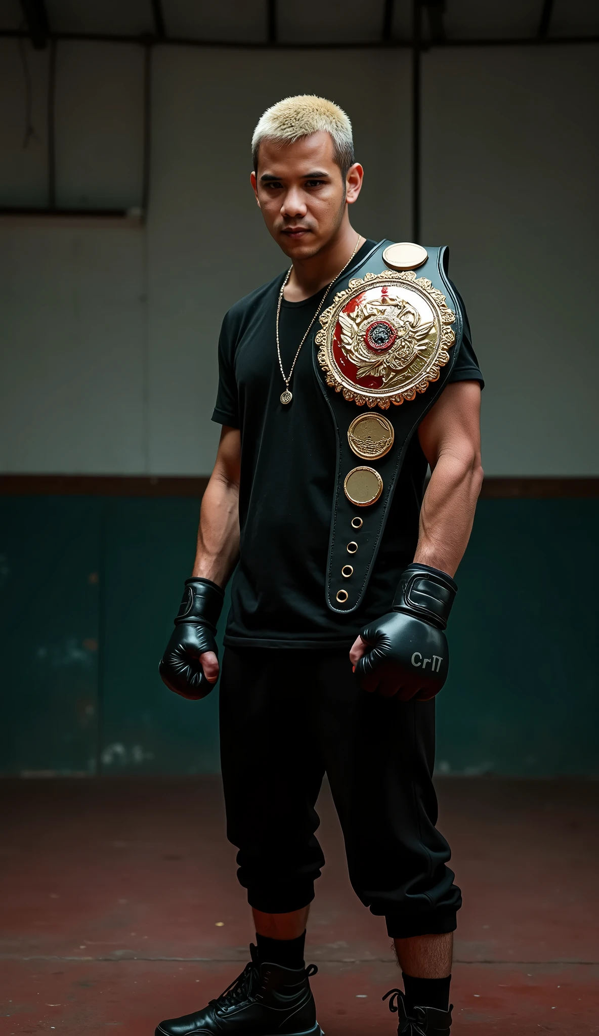 1 Chinese man 2 He holds a flag 8 meters long and it is the flag of China 3 it has a black background 4 he has six-pack abs 5 he has tattoos of Chinese dragons 6 The man has super short pairs 7 The pants have colors that represent China 