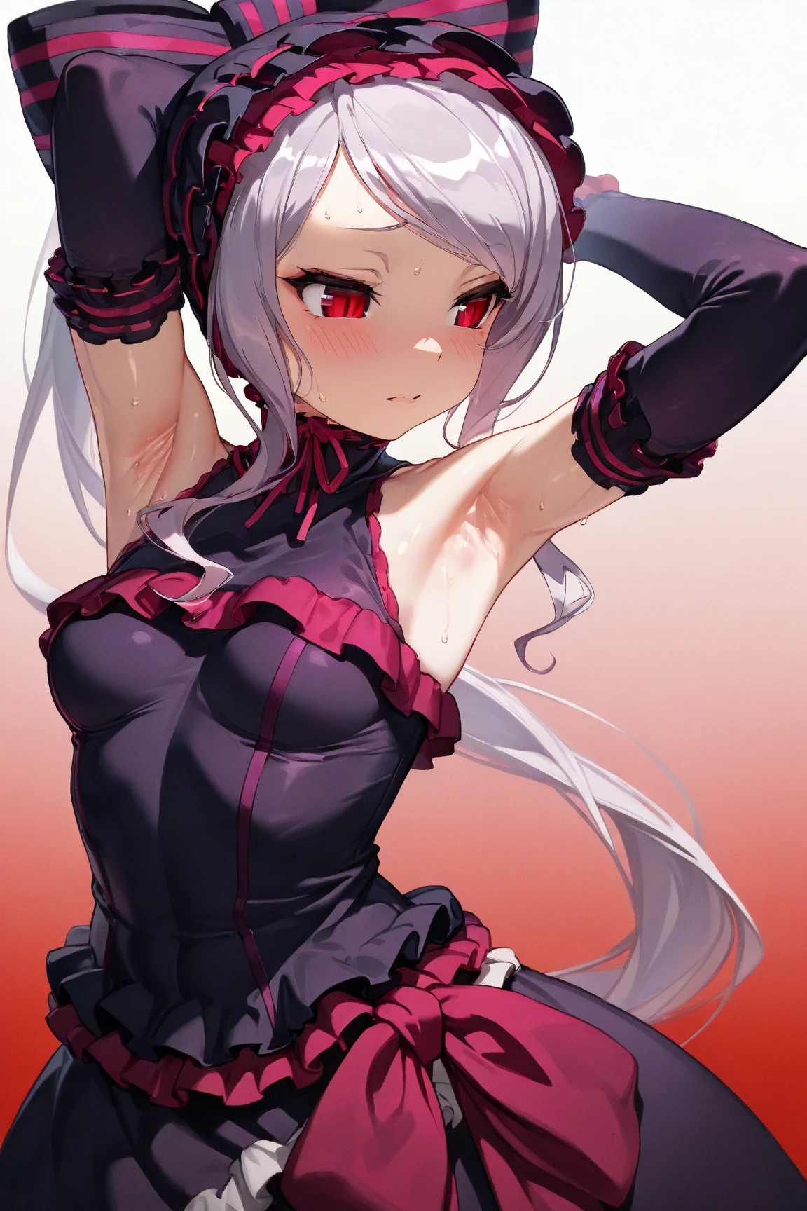 (Masterpiece, HDR, 4k, High Quality) 1girl, Shalltear Bloodfallen, flowing silver hair, wearing an elegant black dress adorned with red lace accents. Her dress features a gothic lolita style design. The girl's eyes are a sharp red (Show Armpits, Armpits, Armpits Detailed, Sweat Armpits, Shiny Armpits) The background is simple with a neutral gray color.
