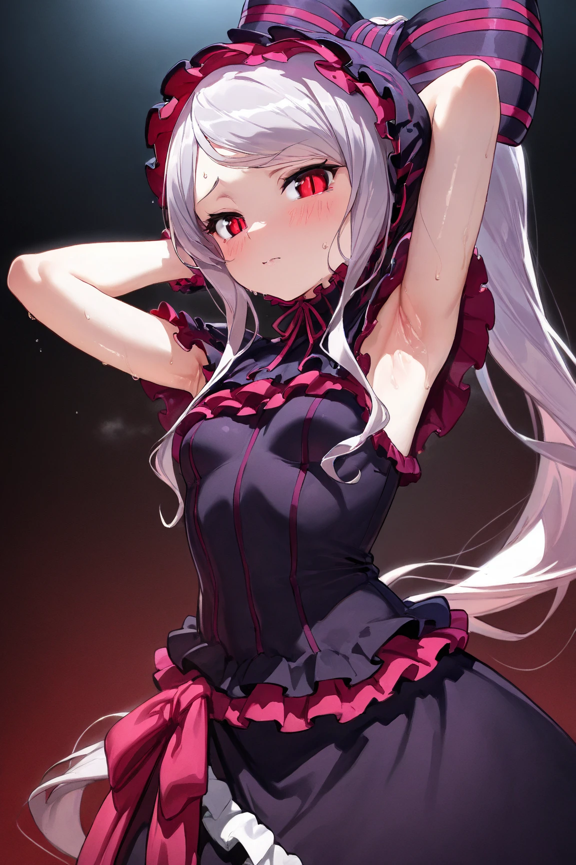 (Masterpiece, HDR, 4k, High Quality) 1girl, Shalltear Bloodfallen, flowing silver hair, wearing an elegant black dress adorned with red lace accents. Her dress features a gothic lolita style design. The girl's eyes are a sharp red (Show Armpits, Armpits, Armpits Detailed, Sweat Armpits, Shiny Armpits) The background is simple with a neutral gray color.
