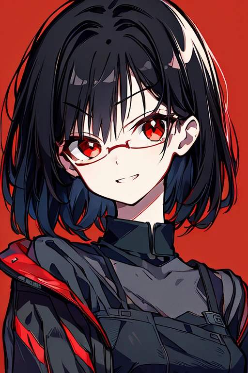 masterpiece,best quality,ultra detailed,supper fine illustration,hires,official art, Woman with short black hair and long, long eyes wearing glasses, full body, listen,  1 girl, Alone, ,  flat chested, small breasts, Curvy, military, military uniform, ,,  Evil Smiles ,  Wicked Expression , anger, red eyes, neutral lighting 