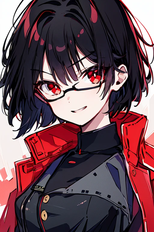 masterpiece,best quality,ultra detailed,supper fine illustration,hires,official art, Woman with short black hair and long, long eyes wearing glasses, full body, listen,  1 girl, Alone, ,  flat chested, small breasts, Curvy, military, military uniform, ,,  Evil Smiles ,  Wicked Expression , anger, red eyes, neutral lighting 