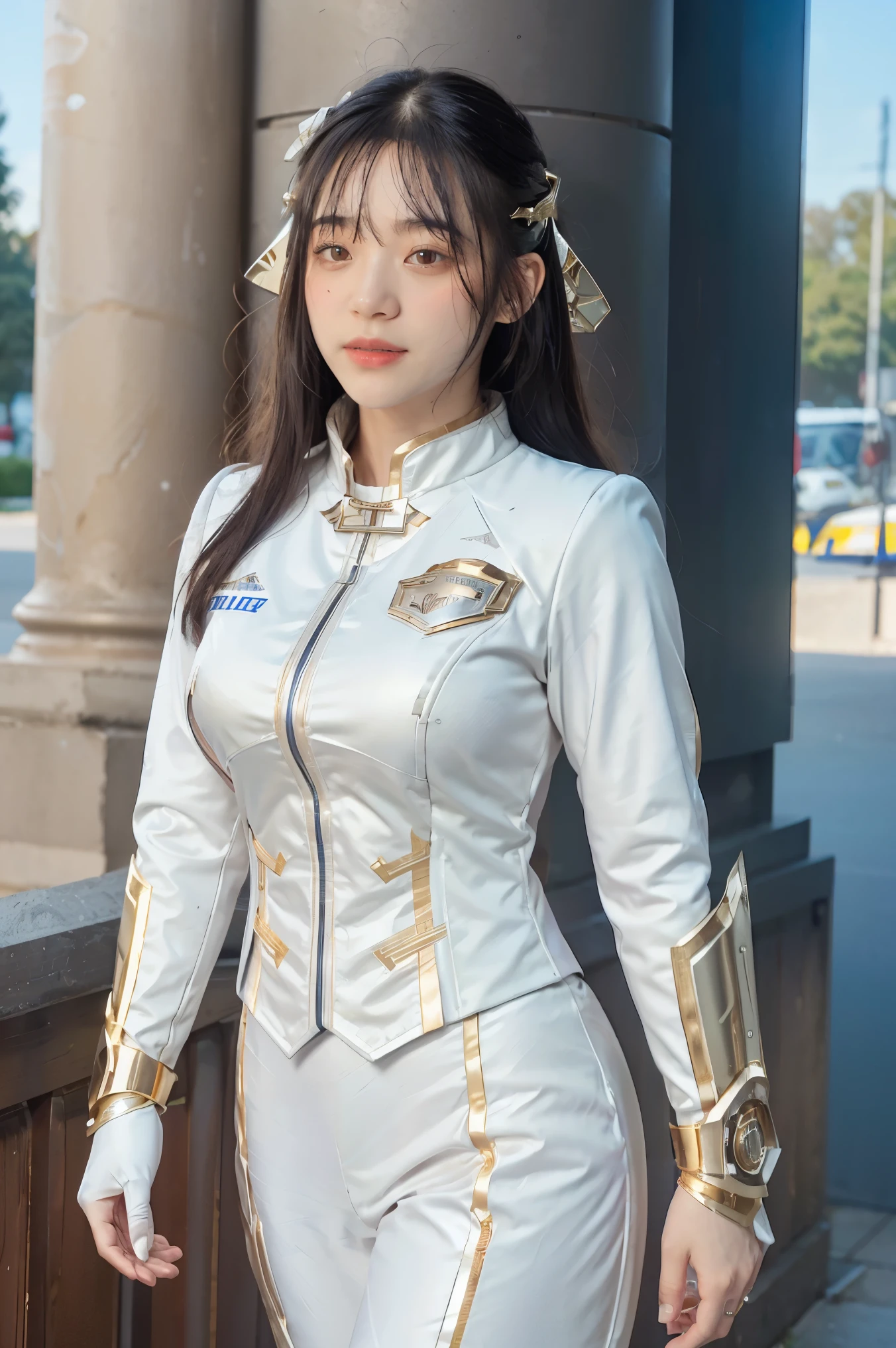 ((masterpiece, best quality, extremely detailed), volumetric lighting, ambient occlusion, colorful, glowing), 
1girl, solo, young girl, (dark hair), long hair, halo, aura, sacred, goddess, cleric suit, (white outfit with gold detailst:1.3), armor,
outdoors, sunset, sky, clouds, space, (fantasy theme:1.2),ม 1girl, full body, Illustration, cinematic light, high resolution, best quality, ultra-detailed, masterpiece, power suit, powerranger, suit, spd, (Silver and Gold chest plate), white and gold detail, (((white suit))), ((police theme:1.2))
