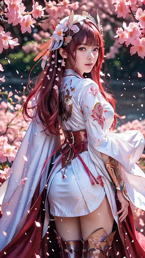 A sexy female character wearing red armor as a warrior from the Warring States period、((realistic))、((Medium long hair))、((Cherry red hair))、((toned body))、(glistening skin)、 tight body、((mega breasts 1.8))、 plump breasts 、 plump thighs 、 The red armor with the Satsuki flower pattern engraved on it is bikini type and is designed to accentuate chest exposure、( Wearing a cape with azalea flower pattern)、garter skirt、White shin guards engraved with azalea flowers、Red high-cut underwear、Red tights、 absolute domain、((looking back))、Dramatic lighting、Brilliant Hill 、Big Asahi 、((Azalea flowers in full bloom are blooming in the background))、((Large azalea flowers in full bloom are blooming on the front))、 cinema-like scene 、((Background Japanese Satuki azalea)) 、((foreground Japanese Satuki azalea))、 Max Image、 Ultra High Definition、8k、masterpiece、crisp quality、