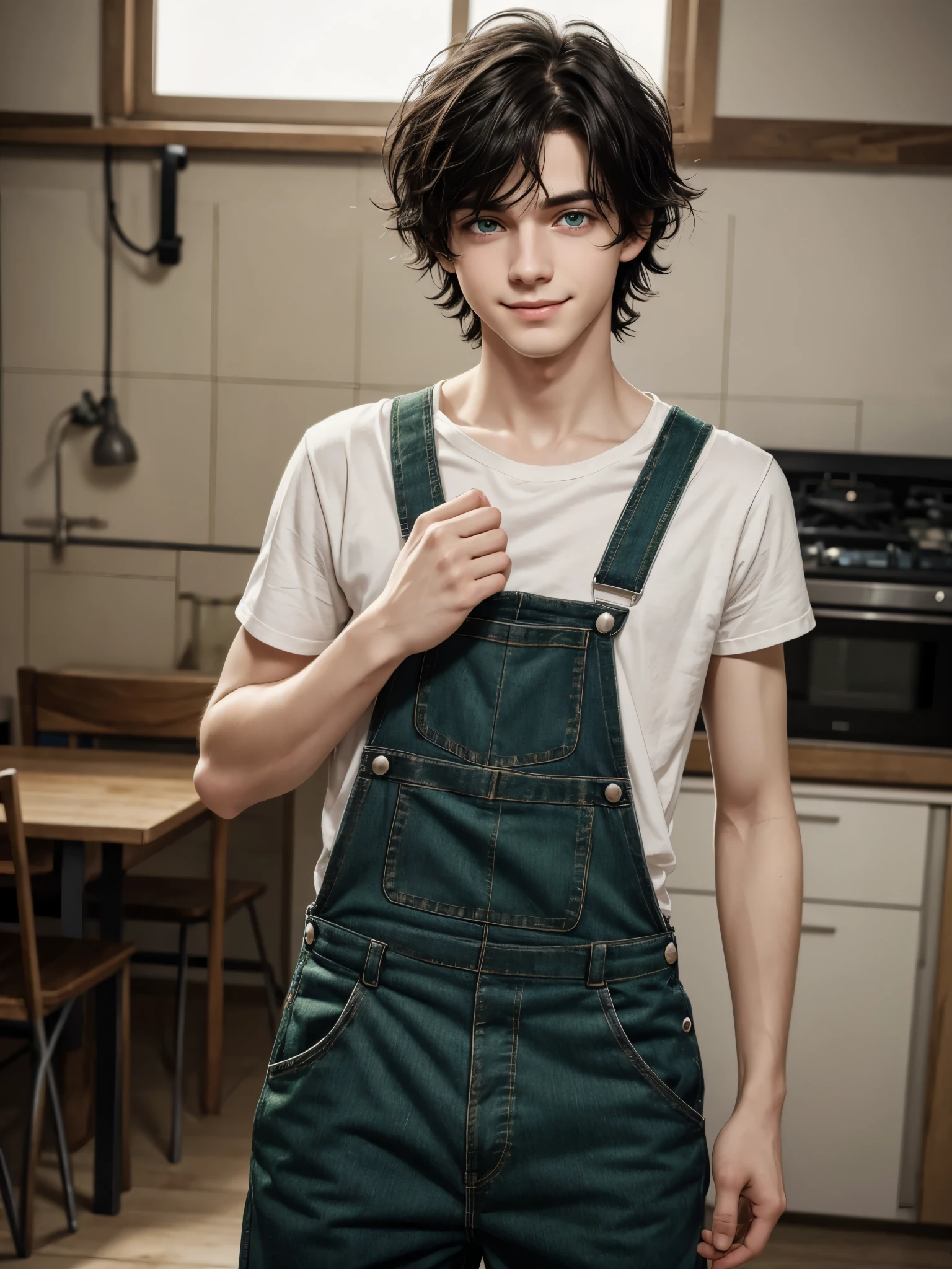 (best quality), 1boy, young boy, pale skin, black hair, medium hair, tousled hair, messy hair, bangs over eyes, green eyes, dark circles under eyes, light smile, scrawny body, overalls, cute, masterpiece, anatomically correct, highres
