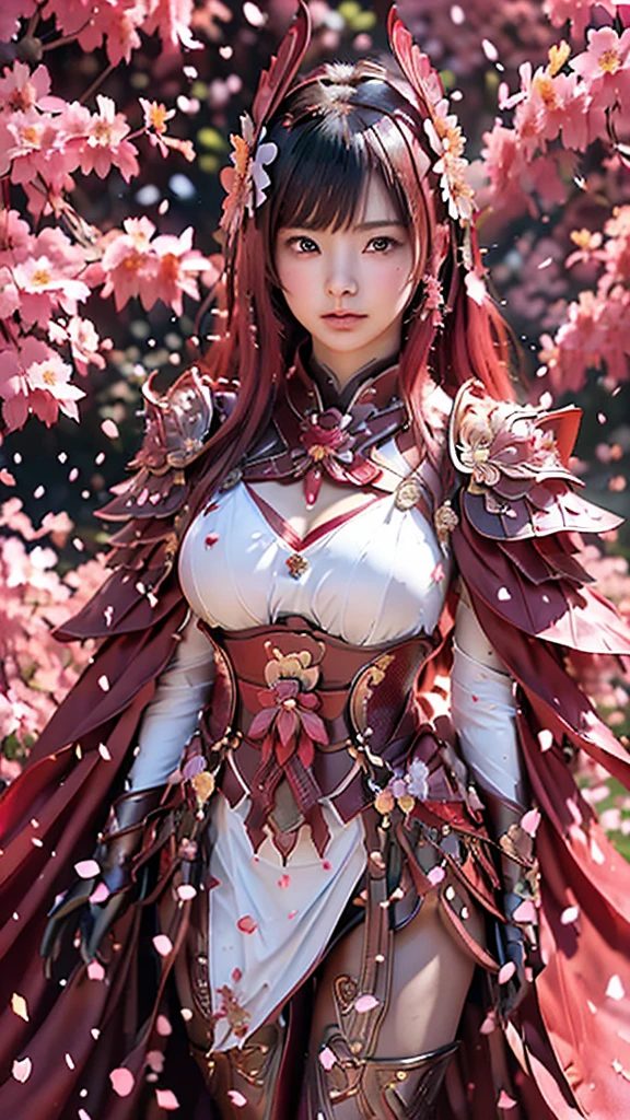 A sexy female character wearing red armor as a warrior from the Warring States period、((realistic))、((Medium long hair))、((Cherry red hair))、((toned body))、(glistening skin)、 tight body、((mega breasts 1.8))、 plump breasts 、 plump thighs 、 The red armor with the Satsuki flower pattern engraved on it is bikini type and is designed to accentuate chest exposure、( Wearing a cape with azalea flower pattern)、garter skirt、White shin guards engraved with azalea flowers、Red high-cut underwear、Red tights、 absolute domain、((looking back))、Dramatic lighting、Brilliant Hill 、Big Asahi 、((Azalea flowers in full bloom are blooming in the background))、((Large azalea flowers in full bloom are blooming on the front))、 cinema-like scene 、((Background Japanese Satuki azalea)) 、((foreground Japanese Satuki azalea))、 Max Image、 Ultra High Definition、8k、masterpiece、crisp quality、