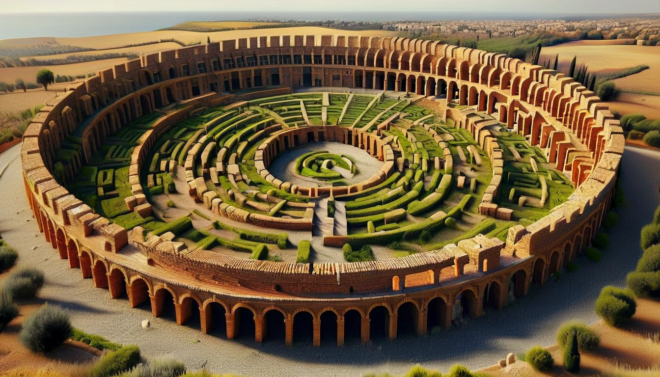 a labyrinth of ancient roman arena remains in shape of letter R, a Mediterranean landscape