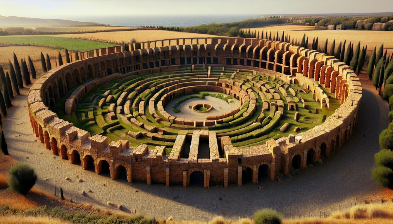 a labyrinth of ancient roman arena remains in shape of letter R, a Mediterranean landscape