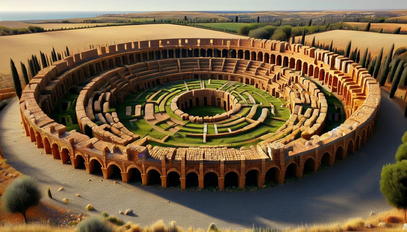 a labyrinth of ancient roman arena remains in shape of letter R, a Mediterranean landscape