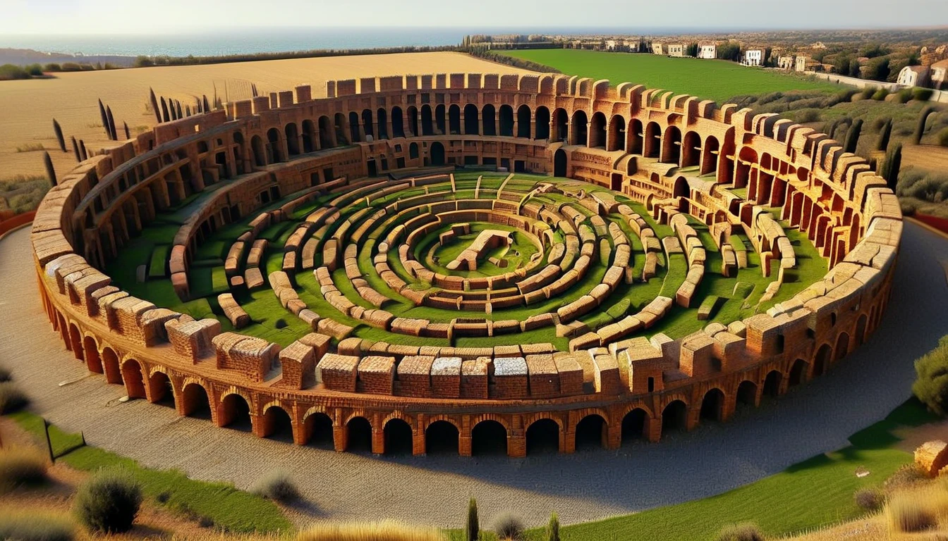 a labyrinth of ancient roman arena remains in shape of letter R, a Mediterranean landscape