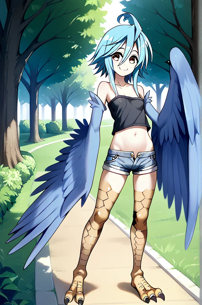 score_9, score_8_up, score_7_up, solo, 1girl, mmpapi, papi \(monster musume\),  monster girl, blue hair, ahoge, feathered wings, winged arms, talons,wingarms, small breasts, petite body, park, grass, tree, path,
oversized clothes, loose clothes, black tube top, navel, jeans shorts,
(smile, ),
solo, Standing, from the side,