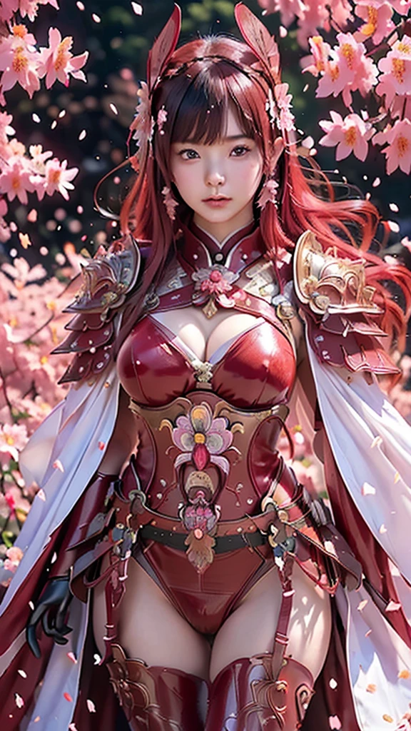 A sexy female character wearing red armor as a warrior from the Warring States period、((realistic))、((Medium long hair))、((Cherry red hair))、((toned body))、(glistening skin)、 tight body、((mega breasts 1.8))、 plump breasts 、 plump thighs 、 The red armor with the Satsuki flower pattern engraved on it is bikini type and is designed to accentuate chest exposure、( Wearing a cape with azalea flower pattern)、garter skirt、White shin guards engraved with azalea flowers、Red high-cut underwear、Red tights、 absolute domain、((dynamic angle))、((dynamic pose))、Dramatic lighting、Brilliant Hill 、Big Asahi 、((Azalea flowers in full bloom are blooming in the background))、((Large azalea flowers in full bloom are blooming on the front))、 cinema-like scene 、((Background Japanese Satuki azalea)) 、((foreground Japanese Satuki azalea))、 Max Image、 Ultra High Definition、8k、masterpiece、crisp quality、