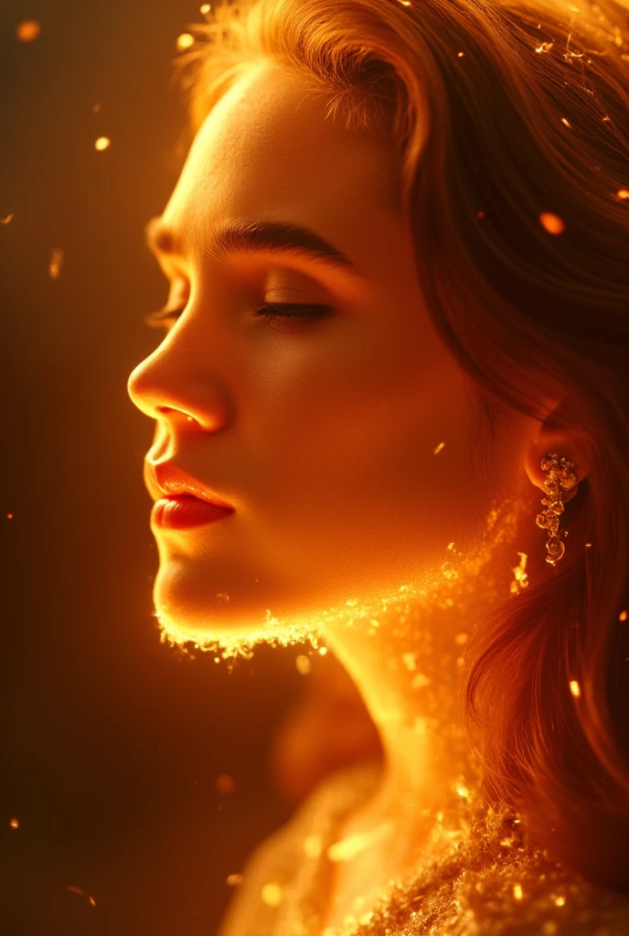 A vivid close-up of Jennifer Connelly reimagined as an ethereal being composed entirely of fire. Her face, a masterpiece of living flame, flickers with radiant hues of deep amber, golden yellow, and intense crimson, each color dancing and shifting like molten silk. The delicate curves of her modest cheekbones and adorably plump cheeks and finely arched brows are sculpted from tongues of fire, their fluid motion giving her an almost divine vitality. Her closed eyes and open mouth as if in ecstasy remain untouched by the flames, glowing softly with an otherworldly light that contrasts the fiery intensity surrounding them, as though holding onto a trace of her human essence. Her hair cascades outward in waves of blazing fire, each strand igniting and dissipating into embers that float gently into the unseen space beyond the frame. The edges of her features shimmer with radiant heat, creating a mesmerizing interplay of light and shadow that emphasizes her flawless, incandescent form. The flames forming her lips burn a deeper crimson, their soft movement adding a subtle expression of calm strength and wisdom. The background is a dark, smokey void, where faint tendrils of glowing ash and sparks swirl in the distance. The darkness amplifies the brilliance of her fiery form, casting flickering reflections across the frame. The heat from her form distorts the air, creating a rippling effect around her, as if her presence alone reshapes reality. The scene captures an awe-inspiring balance between power and elegance, transforming her visage into an unforgettable embodiment of elemental beauty.