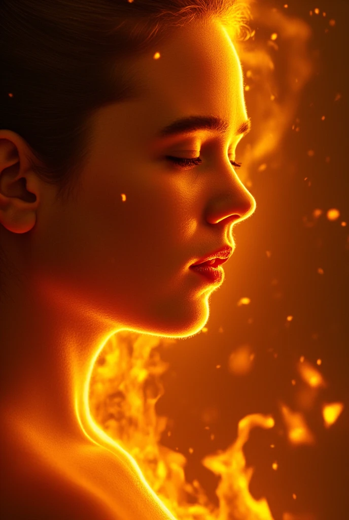 A vivid close-up of Jennifer Connelly reimagined as an ethereal being composed entirely of fire. Her face, a masterpiece of living flame, flickers with radiant hues of deep amber, golden yellow, and intense crimson, each color dancing and shifting like molten silk. The delicate curves of her modest cheekbones and adorably plump cheeks and finely arched brows are sculpted from tongues of fire, their fluid motion giving her an almost divine vitality. Her closed eyes and open mouth as if in ecstasy remain untouched by the flames, glowing softly with an otherworldly light that contrasts the fiery intensity surrounding them, as though holding onto a trace of her human essence. Her hair cascades outward in waves of blazing fire, each strand igniting and dissipating into embers that float gently into the unseen space beyond the frame. The edges of her features shimmer with radiant heat, creating a mesmerizing interplay of light and shadow that emphasizes her flawless, incandescent form. The flames forming her lips burn a deeper crimson, their soft movement adding a subtle expression of calm strength and wisdom. The background is a dark, smokey void, where faint tendrils of glowing ash and sparks swirl in the distance. The darkness amplifies the brilliance of her fiery form, casting flickering reflections across the frame. The heat from her form distorts the air, creating a rippling effect around her, as if her presence alone reshapes reality. The scene captures an awe-inspiring balance between power and elegance, transforming her visage into an unforgettable embodiment of elemental beauty.