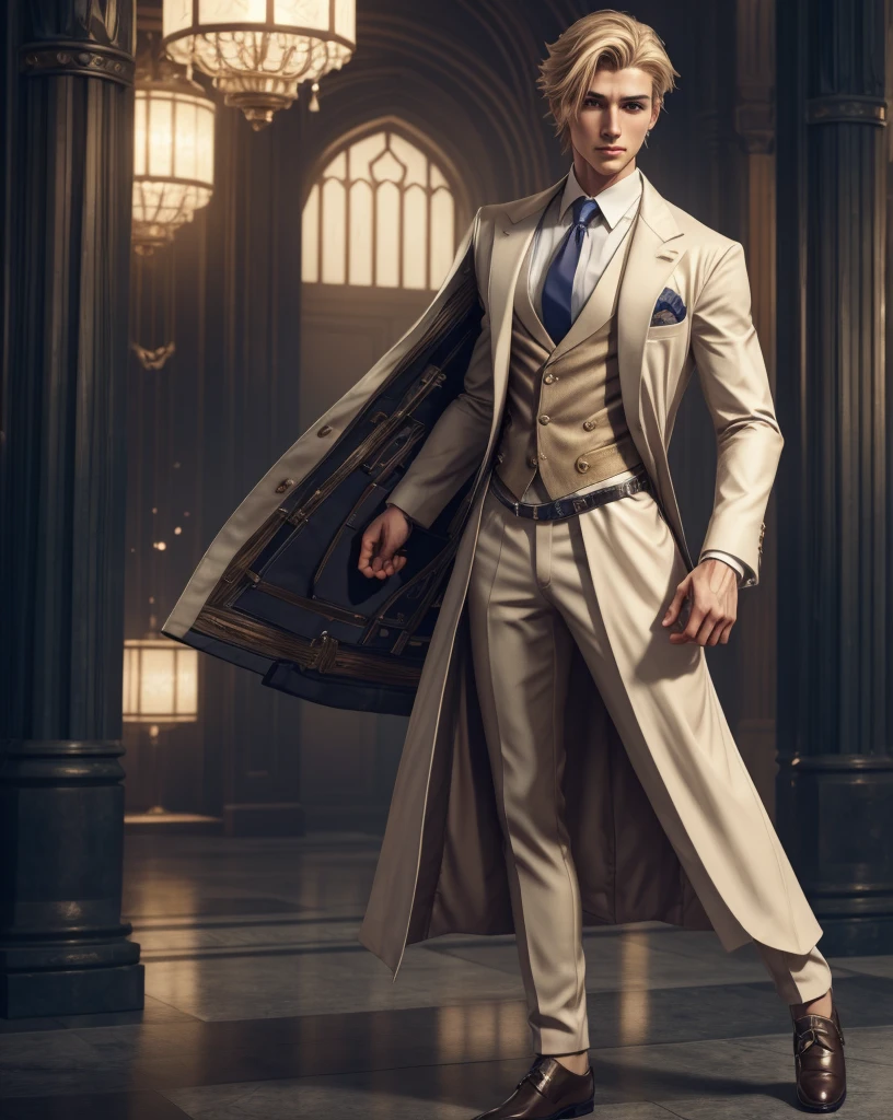 there is a man in a suit and tie posing for a picture, handsome stunning realistic, male character, anime handsome man, handsome male, delicate androgynous prince, xqc, human male character art, attractive androgynous humanoid, official character art, beautiful androgynous prince, high detail, skinny male fantasy alchemist, young blonde boy fantasy thief, male character, handsome stunning realistic, highly detailed full body, skinny male fantasy scientist, as a character in tekken, realistic shaded perfect body, highly detailed body, male model