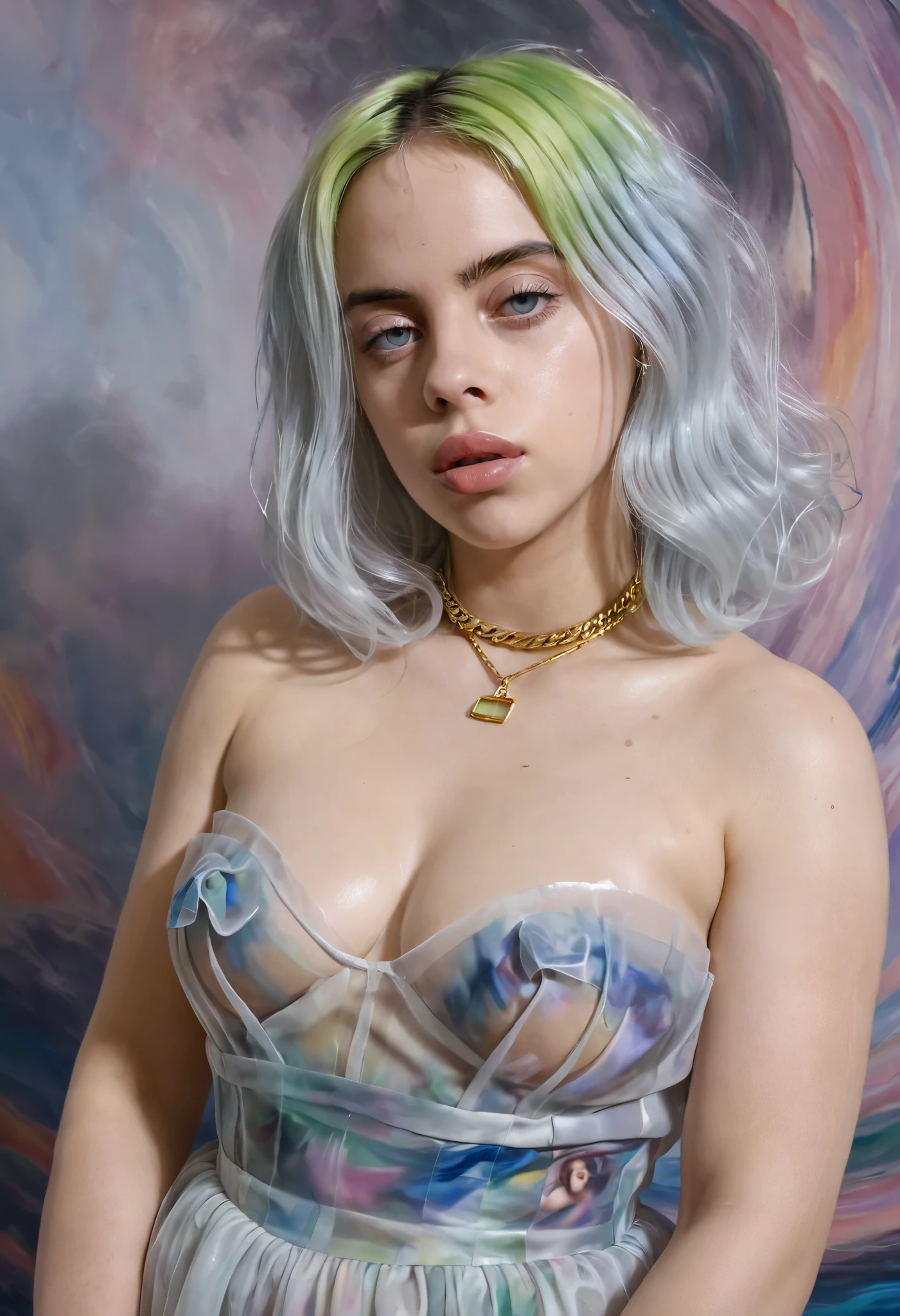 A painting drawn in the style of Raphael, a beautiful Caucasian woman with large breasts dressed in a transparent dress., (billie eilish:1.2), pintura a óleo,  Michelangelo, short hair, wavy, curly, blonde