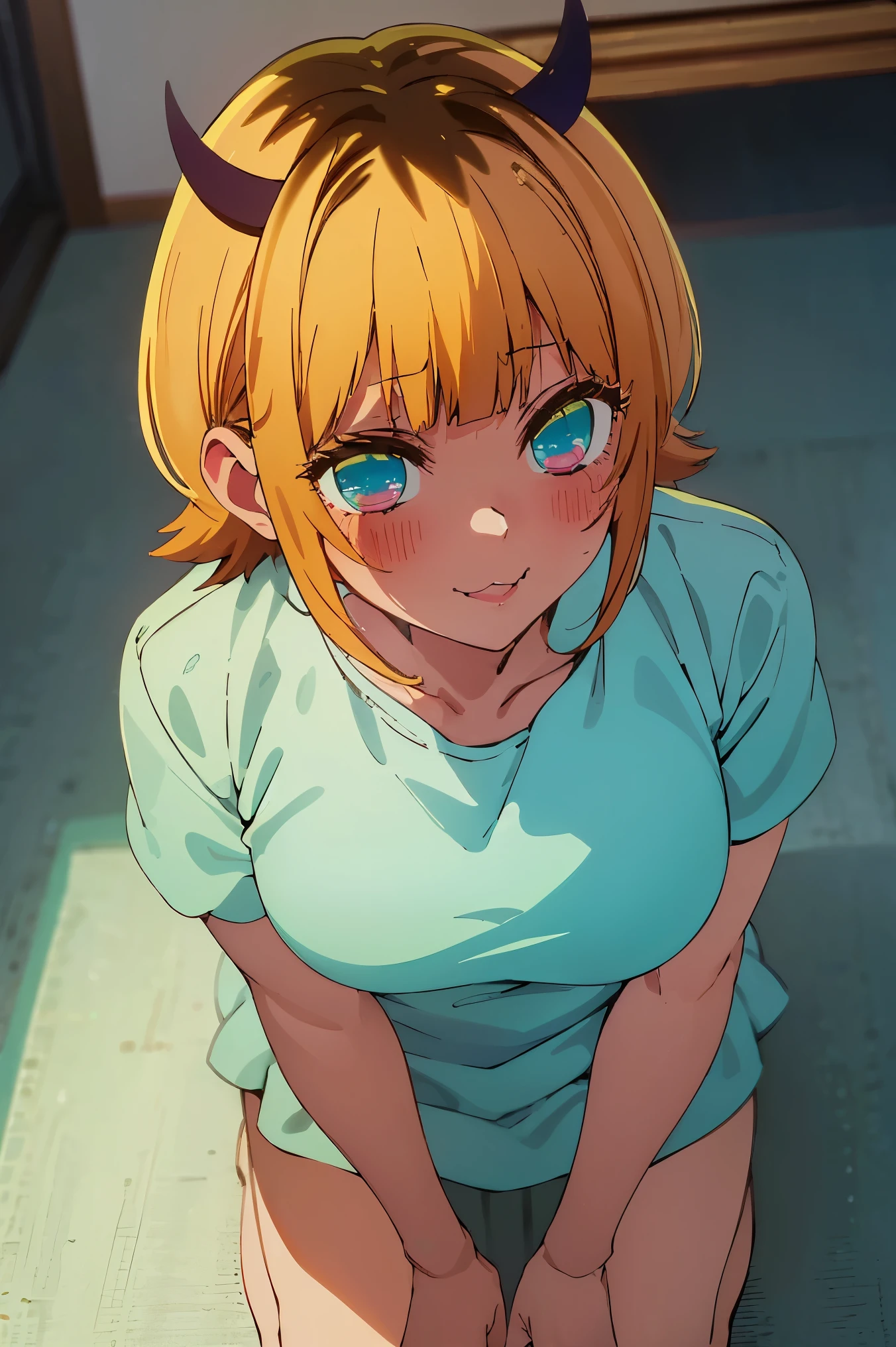 ((Masterpiece)), perfect anatomy, perfect shading, field of depth, (best quality), extremely delicate and beautiful, perfect lighting, detailed face, ultra cute face, cute, ((1girl)), ((solo))

short fluffy orange hair, freckles, green eyes, ((blush)), nervous, looking at viewer, solderless shirt, shorts, choker, earrings, small breasts, (thick thighs), wide hips, 

intricate background, detailed background, fast food restaurant,
