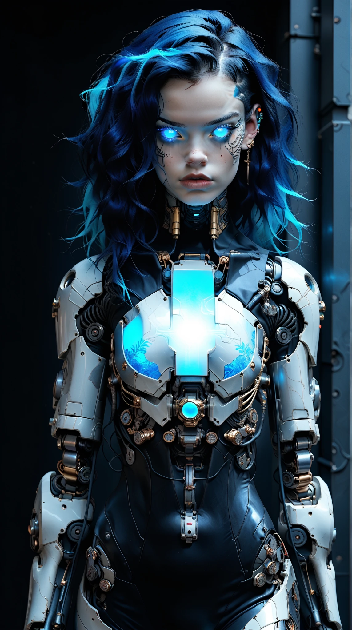 (nsfw:1), (Uncensored:1), score_9, score_8_up, score_7_up, (full body shot), (1 girl), (asian), beautiful teenage (skinny) muscular necron cyborg girl, (full cybernetic necron bodysuit:1.5), (black sclera:1.5), (blue glowing eyes:1.5), (blue glowing veins:1.5), (flat chest:1.25), (blue glowing hair:1.25), (beautiful face:1.25), (bodybuilder muscular physique:1.25), (skinny long legs:0.75), (intricate gold filigree:1.25), bimbo lips, blue fire, (cyborg arms:1.25), (cyborg legs:1.25), (cyborg torso:1.25), neon lights, gothic neon style, cyber punk style, super realistic image, beautiful digital paint , hyper Realistic illustrations, technoarcanumxr, NecronMorph, CyberRealistic_Negative_PONY-neg,CyberRealistic_Negative_PONY