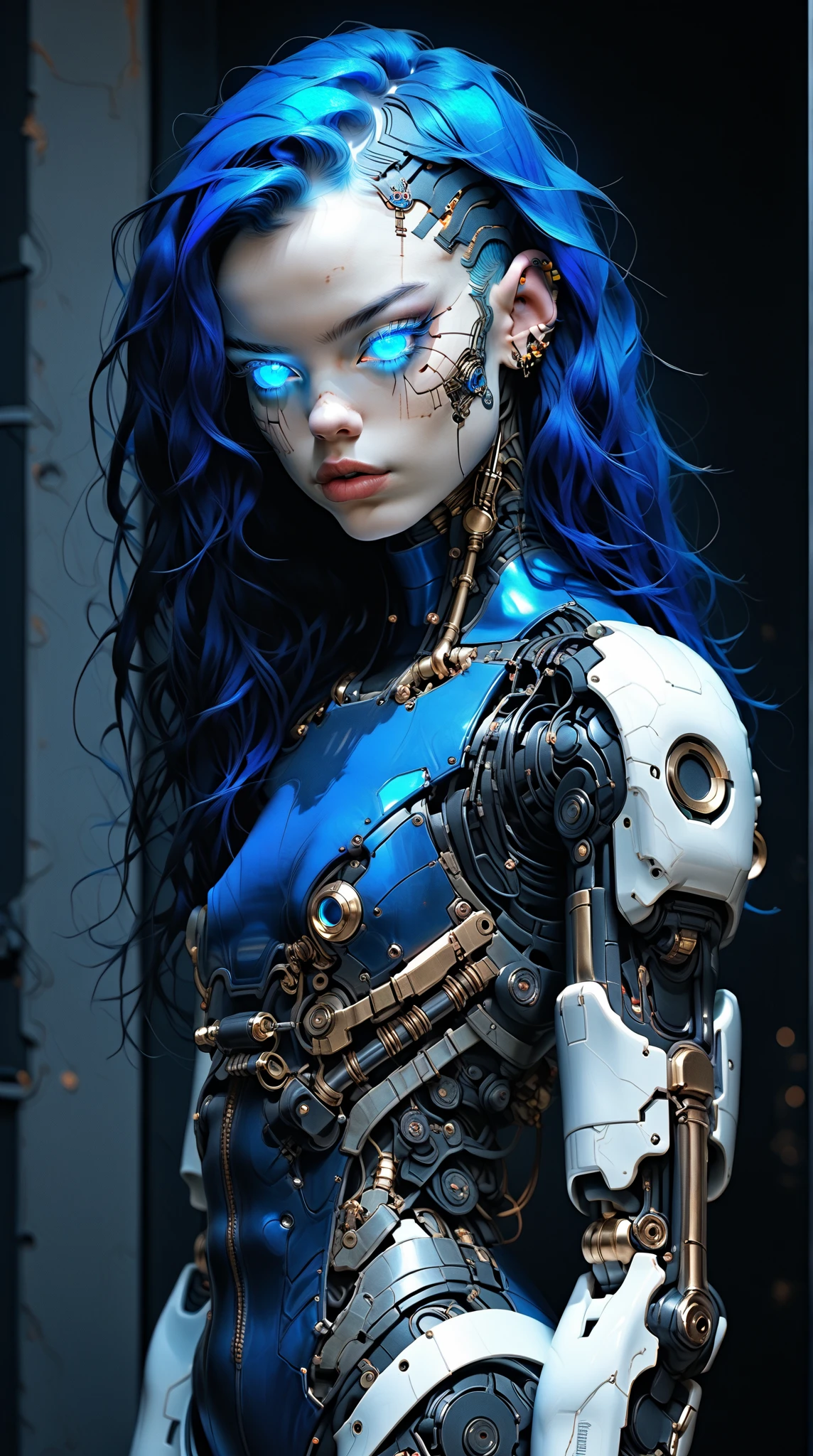 (nsfw:1), (Uncensored:1), score_9, score_8_up, score_7_up, (full body shot), (1 girl), (asian), beautiful teenage (skinny) muscular necron cyborg girl, (full cybernetic necron bodysuit:1.5), (black sclera:1.5), (blue glowing eyes:1.5), (blue glowing veins:1.5), (flat chest:1.25), (blue glowing hair:1.25), (beautiful face:1.25), (bodybuilder muscular physique:1.25), (skinny long legs:0.75), (intricate gold filigree:1.25), bimbo lips, blue fire, (cyborg arms:1.25), (cyborg legs:1.25), (cyborg torso:1.25), neon lights, gothic neon style, cyber punk style, super realistic image, beautiful digital paint , hyper Realistic illustrations, technoarcanumxr, NecronMorph, CyberRealistic_Negative_PONY-neg,CyberRealistic_Negative_PONY