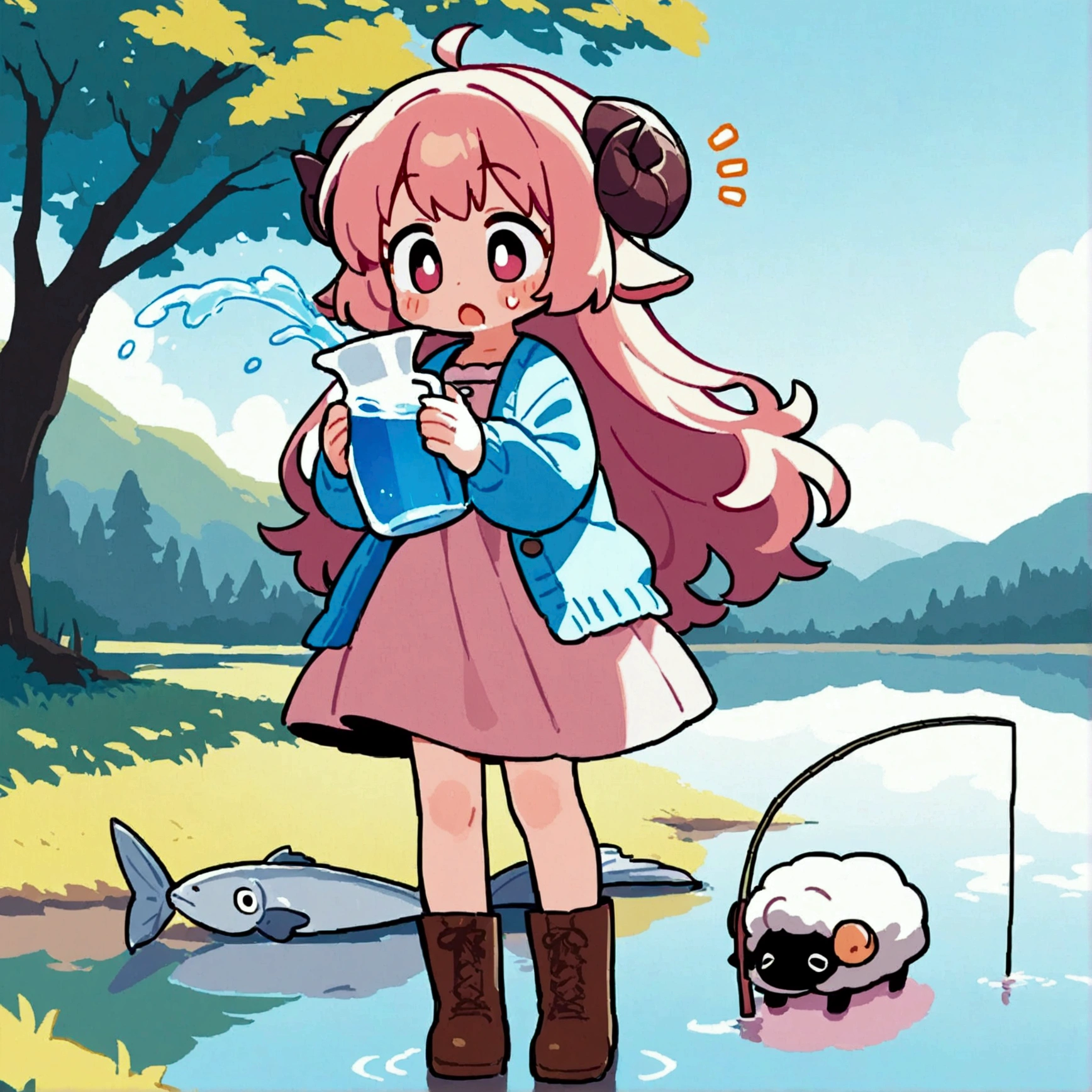 score_9, score_8_up, score_7_up, source_anime, (masterpiece:1.3, best quality:1.3, 8k,  highres icon:1.3, good anatomy), 1girl,  pink fluffy long hair holding a water jug\ Fluffy Long Hair, Sheep&#39;s round horns, Thick eyebrows, Surprise, sweat,  Pink Dress ,  sky blue cardigan ,  brown boots , fishing, giant fish, lake, cute