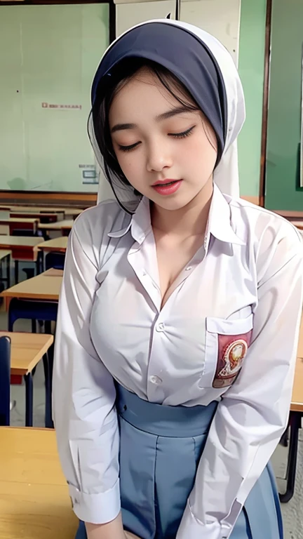 Realistic, Indonesian girl hijab, 18 years old, proportional body, baby face, adorable face, detailed face, closed eyes, open mouth, screaming, ((medium breasts)). ((Small breasts)). ((Cleavage)). Sweating, oily skin, wet skin, perfect pose, one hand on her chest, white hijab, opened transparent white shirt, long sleeve shirt, wet shirt, medium shot, Indonesian classroom, classroom full of students, another students visible in the background, hyper detailed, best Quality, 4k, UHD 