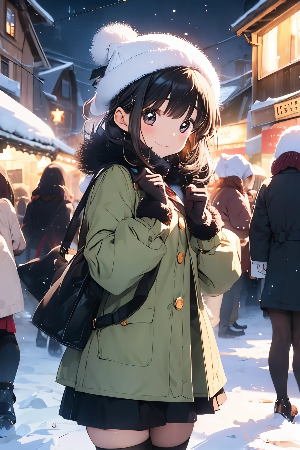  Fur Hat 　 Fur Mini Coat 　Girl wearing skirt 　Woolen gloves　 Hats with Fur {x} Hands Together to Warm Up　 Snowy Townscape 　evening　Christmas Market 　 cute girl