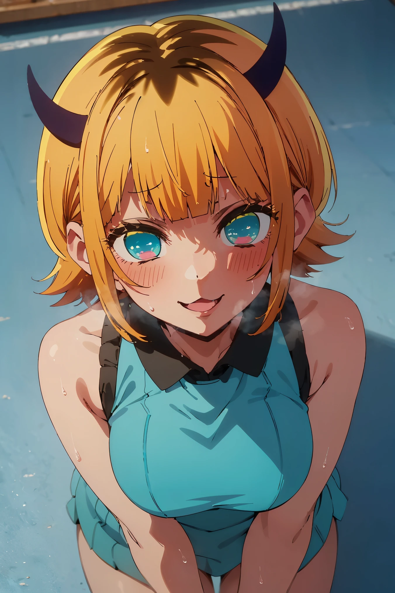 NSFW,masterpiece, top quality, high definition , very detailed ,Memucho, short haired 、 blonde hair 、 multicolor hair 、Aqua Eye、 dull bangs、horn, tennis wear ,blush,smile,Heavy breathing,Sweating, wet body