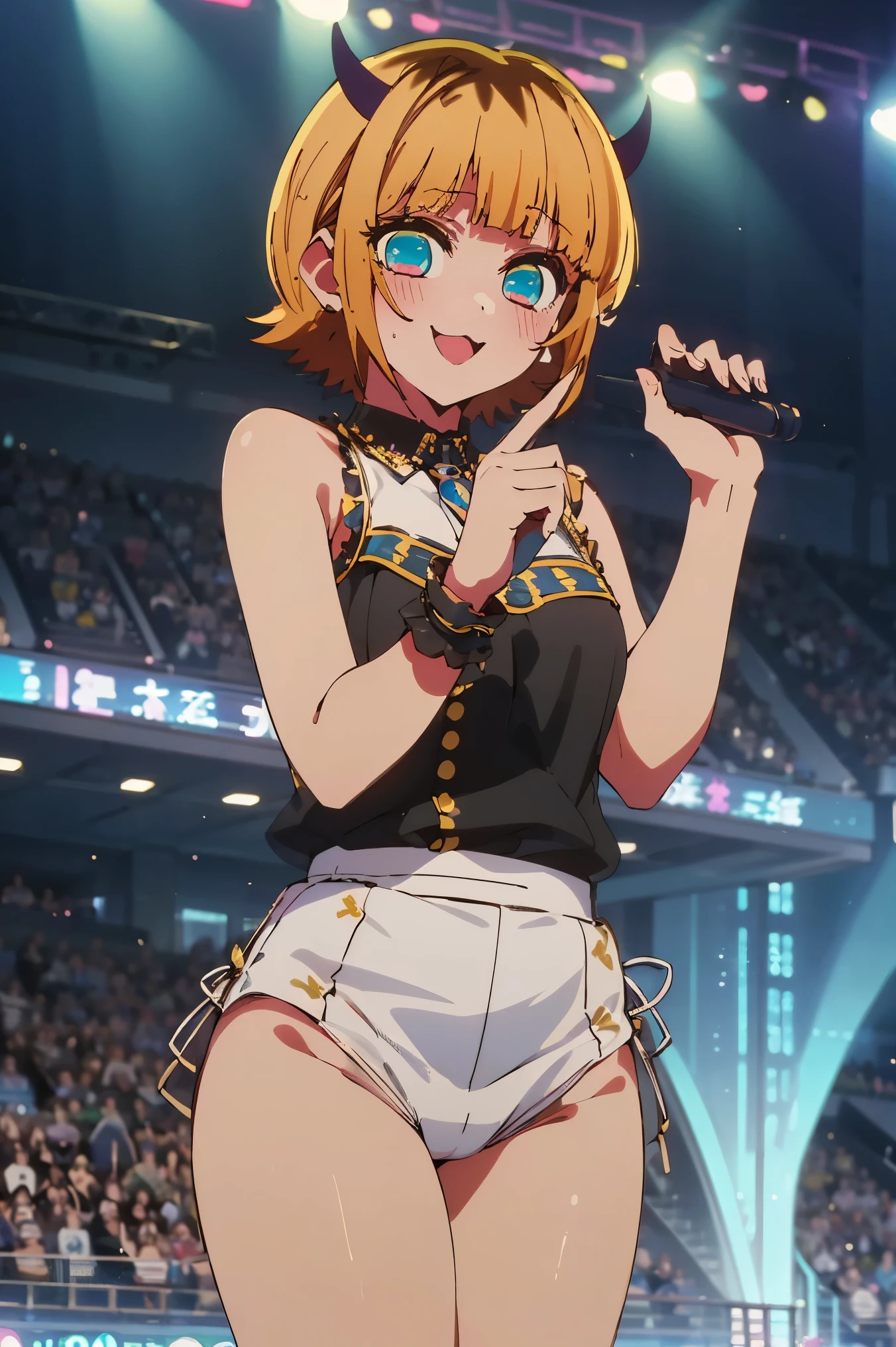 NSFW,masterpiece, top quality, high definition , very detailed ,Memucho, short haired 、 blonde hair 、 multicolor hair 、Aqua Eye、 dull bangs、horn,(Idol:1.5),(Idolドレス:1.5),blush,smile