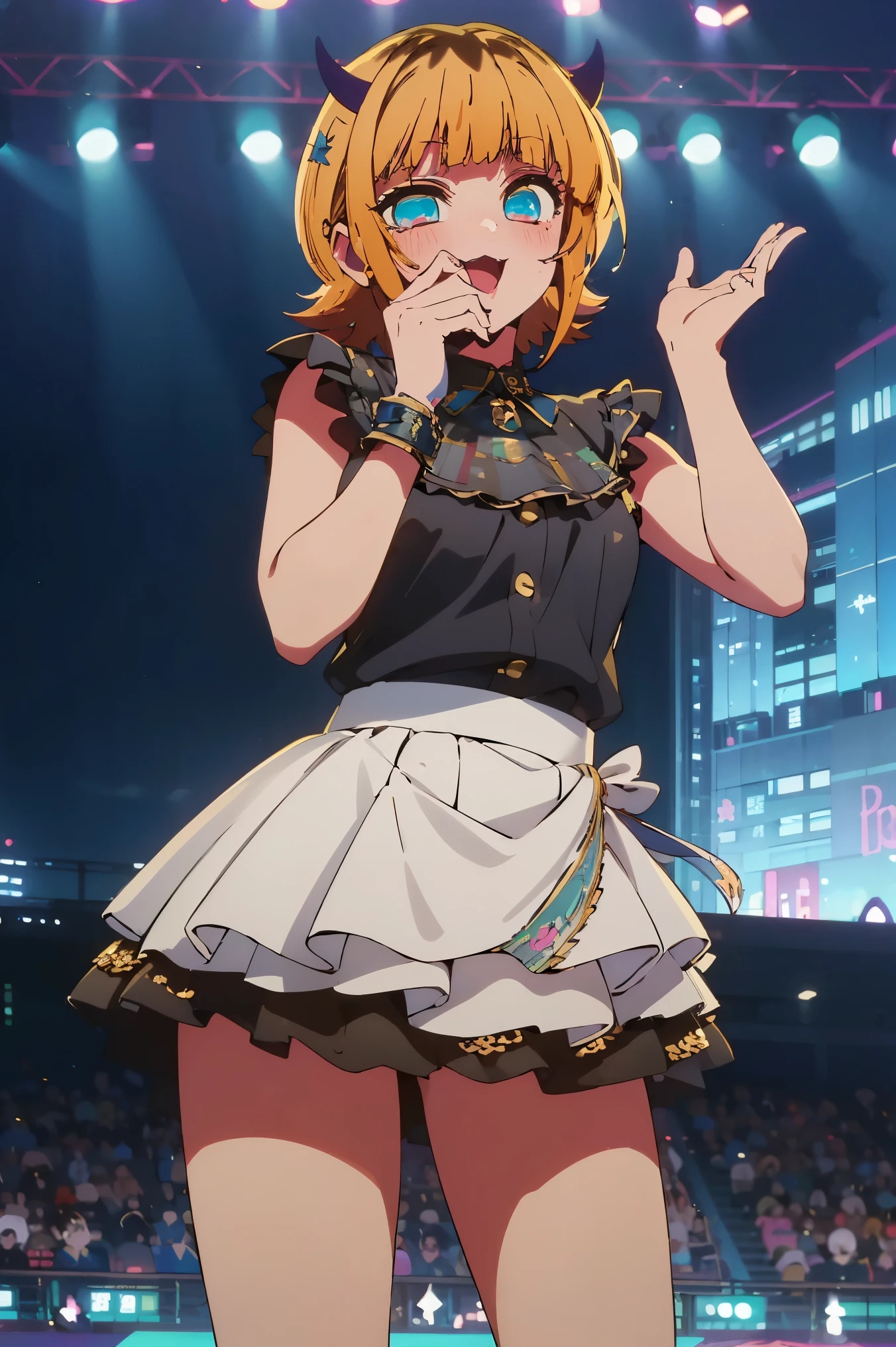 NSFW,masterpiece, top quality, high definition , very detailed ,Memucho, short haired 、 blonde hair 、 multicolor hair 、Aqua Eye、 dull bangs、horn,(Idol:1.5),(Idolドレス:1.5),blush,smile