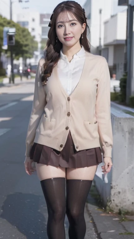 full body shot, from below,  japanese mature,  detailed face , Facial wrinkles, Wrinkles around the eyes, smile,  Detailed Skin Textures ,  white skin,  heavy makeup,  long hair, curvy body, (earrings,  Necklaces , red bowtie, brown cardigan, red skirt, pleated skirt, micro miniskirt:1.2), (black thighhighs,  wearing high heels:1.2), ( full body shot from toe to head wearing black high heels, Standing on the sidewalk:1.2), ( surrealism, best quality, ultra detailed, absolutely resolution, 8k, anatomically correct), depth of field, looking at viewer, tachi-e, (gal.safetensors), (uozumimayu ), full body,  detailed face , A mature woman is cosplaying