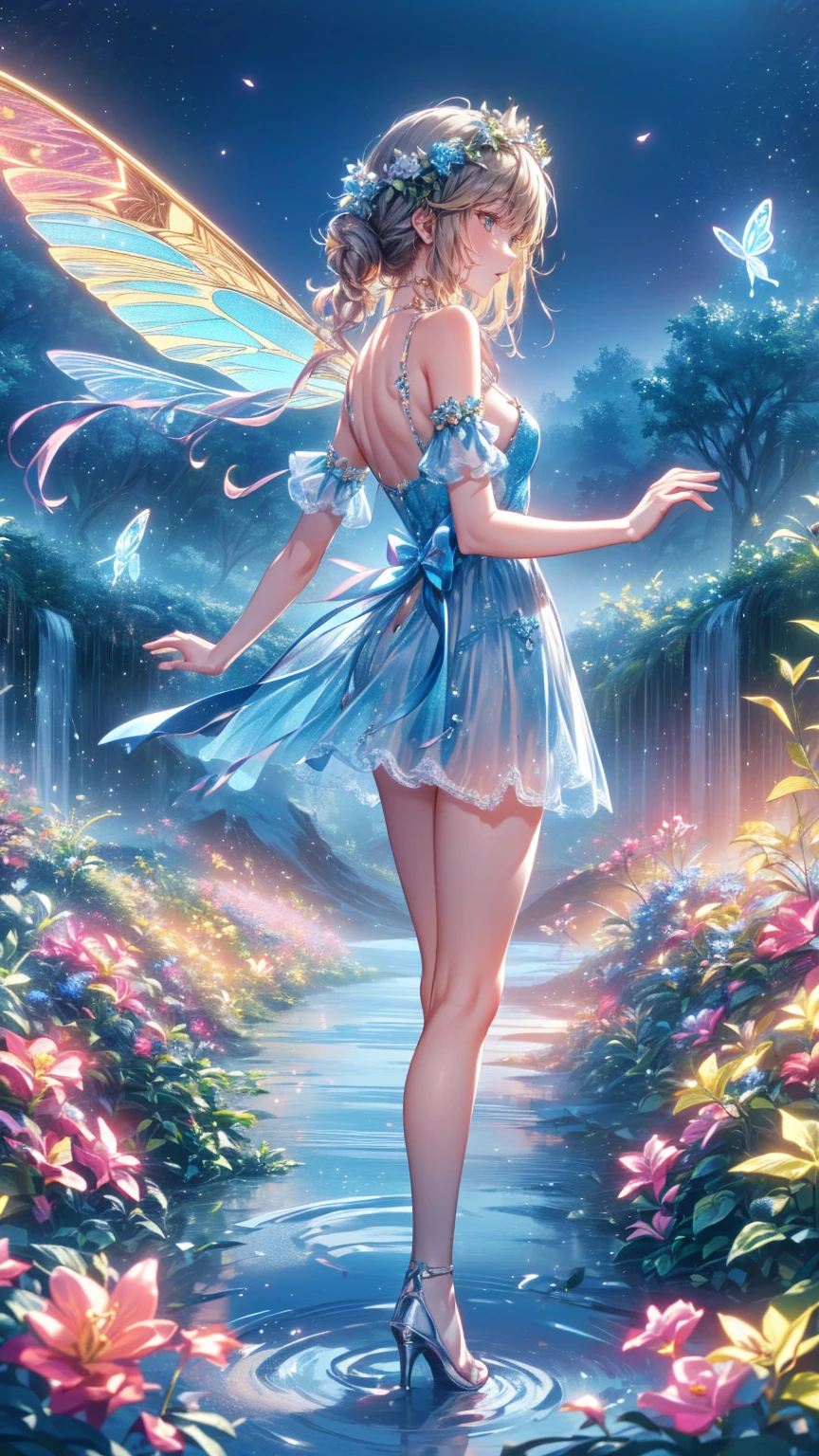  ( top quality,4K,8k, high definition ,masterpiece:1.2), Ultra Details ,( realistic , photorealistic, photorealistic:1.37),Fairy Queen,Sparkling Spells , Fantasy Forest , beautiful detailed eyes, detailed lips from home, Charming Vibes , twinkling light , Fairy Wings , Delicate Flower Crown  ,Magical Environment, mysterious creature ,celestial beauty,Magical Sparkles ,Tiny Magic ,Elegant gowns,Graceful Movement,Nature Spirits,dappled sunlight,Whispering Tree々,Sparkling waterfalls,Mysterious Mist, magical creatures ,Otherworldly aura, pastel colors, Soft Warm Lighting ,Majestic castle, pixie dust,Fascinating Flowers and Plants , Sparkling Crystals , Dreamy Atmosphere ,Calmness and peace, Whimsical and Sensual ,Floating Petals,Gentle Breeze, Fascinating Melody , Hidden Paths and Secret Sanctuaries ,Glowing Mushroom,Heavenly Being, Fairy Powder Flower Extravaganza ,   girl , (( princess your ddler)), Full hair,   Beautiful Blue Dress , (  perfect anatomy), Lots of Flying   ( butterfly ),   Bubble Magic  ,   Very Beautiful Picture  ,  Flower field in the background , moon,  Seeing the City  ,   complex details , (  top quality ),   Details Maximum  ,    Masterpiece   , 8K Yen,    top quality  ,