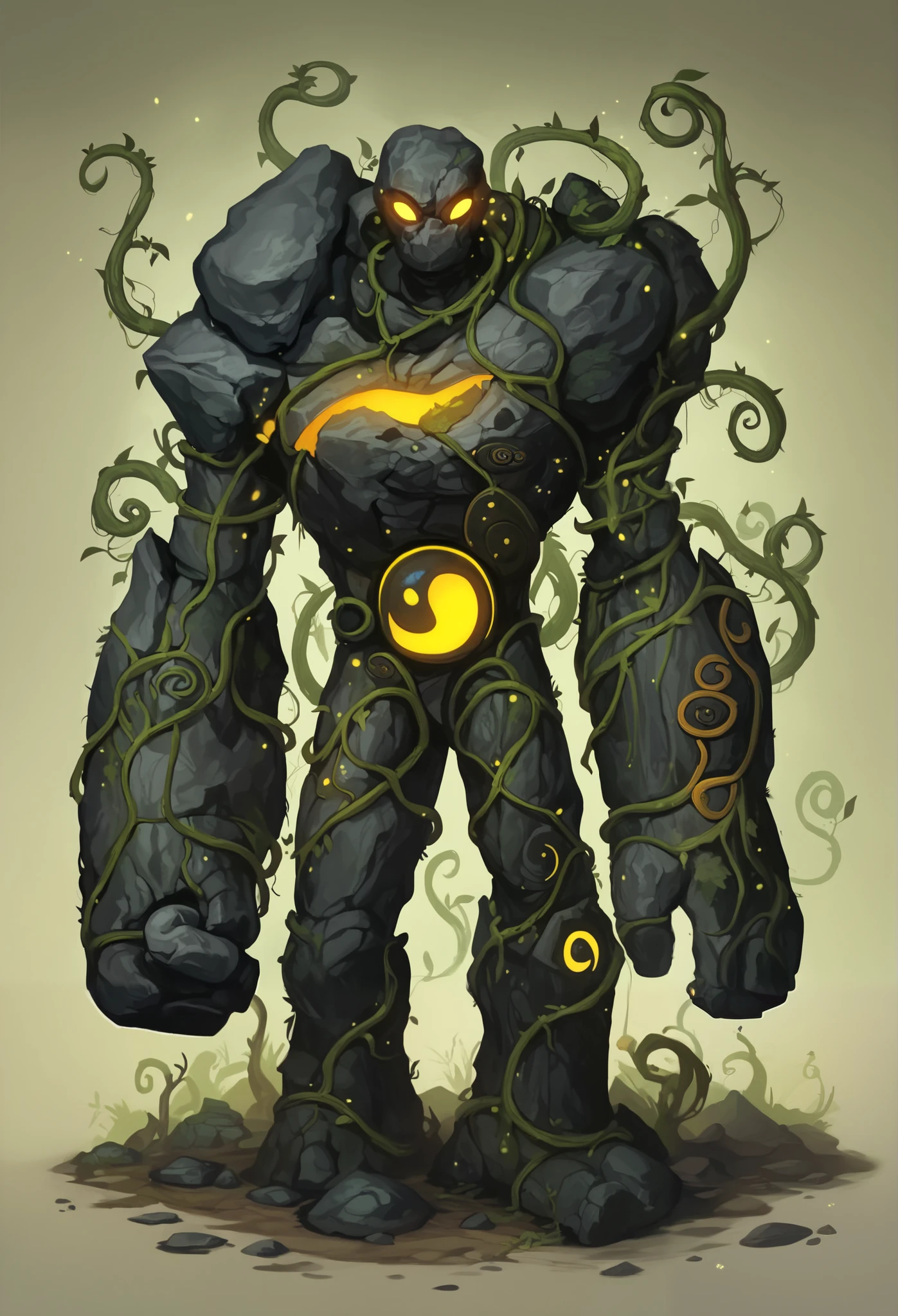 score_9, score_8_up, score_7_up, Gol3em, mouthless, noseless, overgrown, moss, outdoors, ruins, fantasy, colorfull, Rock golem, yellow Glowing Eyes, little Moss on shoulders, vines over body, yin Yang in the chest, body made from black rocks, fighting stance