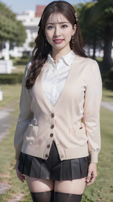 full body shot, from below,  japanese mature,  detailed face , Facial wrinkles, Wrinkles around the eyes, smile,  Detailed Skin Textures ,  white skin,  heavy makeup,  long hair, curvy body, (earrings,  Necklaces , red bowtie, brown cardigan, red skirt, pleated skirt, micro miniskirt:1.2), (black thighhighs,  wearing high heels:1.2), ( full body shot from toe to head wearing black high heels,  standing in the park:1.2), ( surrealism, best quality, ultra detailed, absolutely resolution, 8k, anatomically correct), depth of field, looking at viewer, tachi-e, (gal.safetensors), (uozumimayu ), full body,  detailed face , A mature woman is cosplaying