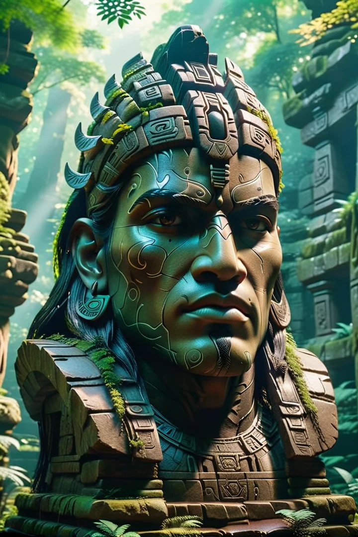 there is a large stone statue in the middle of a forest, stone eyes, unreal maya, cinematic imax footage, by Jang Seung-eop, Inca style, cybertronic Hindu temple, face close-up, playstation 3, autodesk, marvel movie still, tombs  