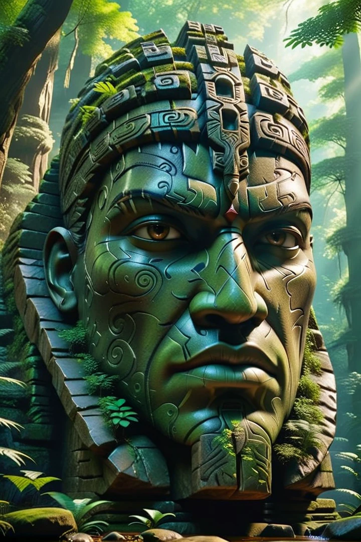 there is a large stone statue in the middle of a forest, stone eyes, unreal maya, cinematic imax footage, by Jang Seung-eop, Inca style, cybertronic Hindu temple, face close-up, playstation 3, autodesk, marvel movie still, tombs  