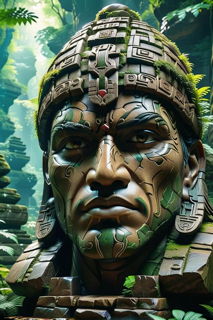 there is a large stone statue in the middle of a forest, stone eyes, unreal maya, cinematic imax footage, by Jang Seung-eop, Inca style, cybertronic Hindu temple, face close-up, playstation 3, autodesk, marvel movie still, tombs  