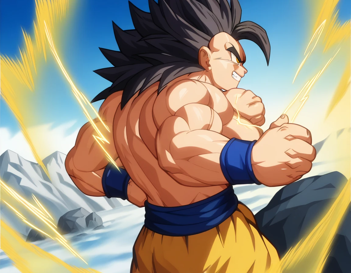  top quality,Anatomical, Big Muscles , Vegeta and Kogenta mix,Demon Body,Sexually attractive gestures,shiny skin, growing skin, taken over by the devil , He smiles wickedly ., armband, bracers,Harness,gigantic penis,supersaiyanaura, dark purple aura ,fullbody,gigantic penis,(score_9:0.9),score_8_up,score_7_up,anime style,rating_safe,(zPDXL),  GGKSj4j , dbsb, 1boy, Alone, male focus, yellow eyes, super saiyan 4, black hair, spiked hair, long hair,  v-shaped eyebrows, v-shaped eyes,monkey tail, red body fur, pectorals, blue wristband, blue sash, yellow pants, grin, teeth, golden aura, electricity, muscular male, clenched hands, standing, dynamic pose, dynamic angle, outdoors, rock, mountain,