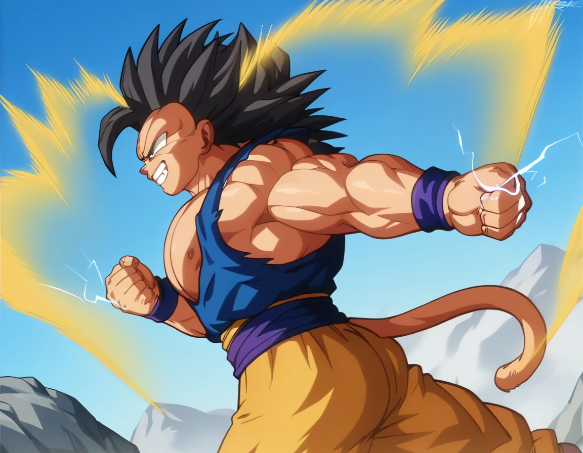  top quality,Anatomical, Big Muscles , Vegeta and Kogenta mix,Demon Body,Sexually attractive gestures,shiny skin, growing skin, taken over by the devil , He smiles wickedly ., armband, bracers,Harness,gigantic penis,supersaiyanaura, dark purple aura ,fullbody,gigantic penis,(score_9:0.9),score_8_up,score_7_up,anime style,rating_safe,(zPDXL),  GGKSj4j , dbsb, 1boy, Alone, male focus, yellow eyes, super saiyan 4, black hair, spiked hair, long hair,  v-shaped eyebrows, v-shaped eyes,monkey tail, red body fur, pectorals, blue wristband, blue sash, yellow pants, grin, teeth, golden aura, electricity, muscular male, clenched hands, standing, dynamic pose, dynamic angle, outdoors, rock, mountain,