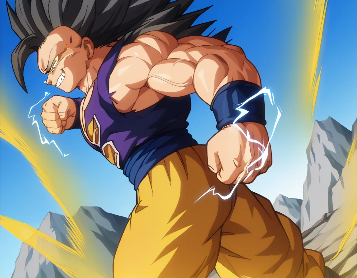  top quality,Anatomical, Big Muscles , Vegeta and Kogenta mix,Demon Body,Sexually attractive gestures,shiny skin, growing skin, taken over by the devil , He smiles wickedly ., armband, bracers,Harness,gigantic penis,supersaiyanaura, dark purple aura ,fullbody,gigantic penis,(score_9:0.9),score_8_up,score_7_up,anime style,rating_safe,(zPDXL),  GGKSj4j , dbsb, 1boy, Alone, male focus, yellow eyes, super saiyan 4, black hair, spiked hair, long hair,  v-shaped eyebrows, v-shaped eyes,monkey tail, red body fur, pectorals, blue wristband, blue sash, yellow pants, grin, teeth, golden aura, electricity, muscular male, clenched hands, standing, dynamic pose, dynamic angle, outdoors, rock, mountain,